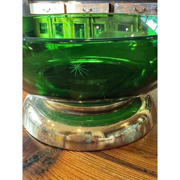 Paden City MCM Atomic Emerald Glo Green 9.25" Serving Bowl With Brass Base - Picture 9 of 14